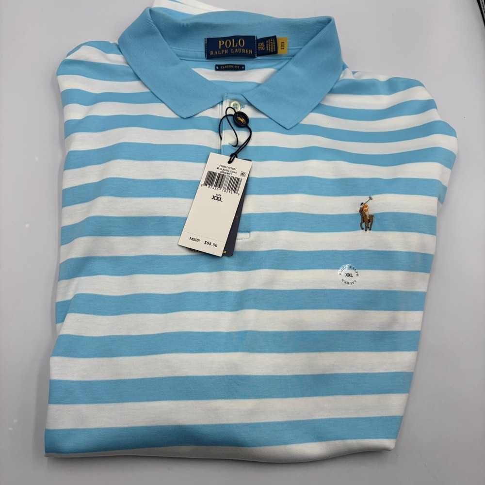 NEW Polo Ralph Lauren Polo‎ Shirt Mens XXL Classic Fit Blue White Striped Pony